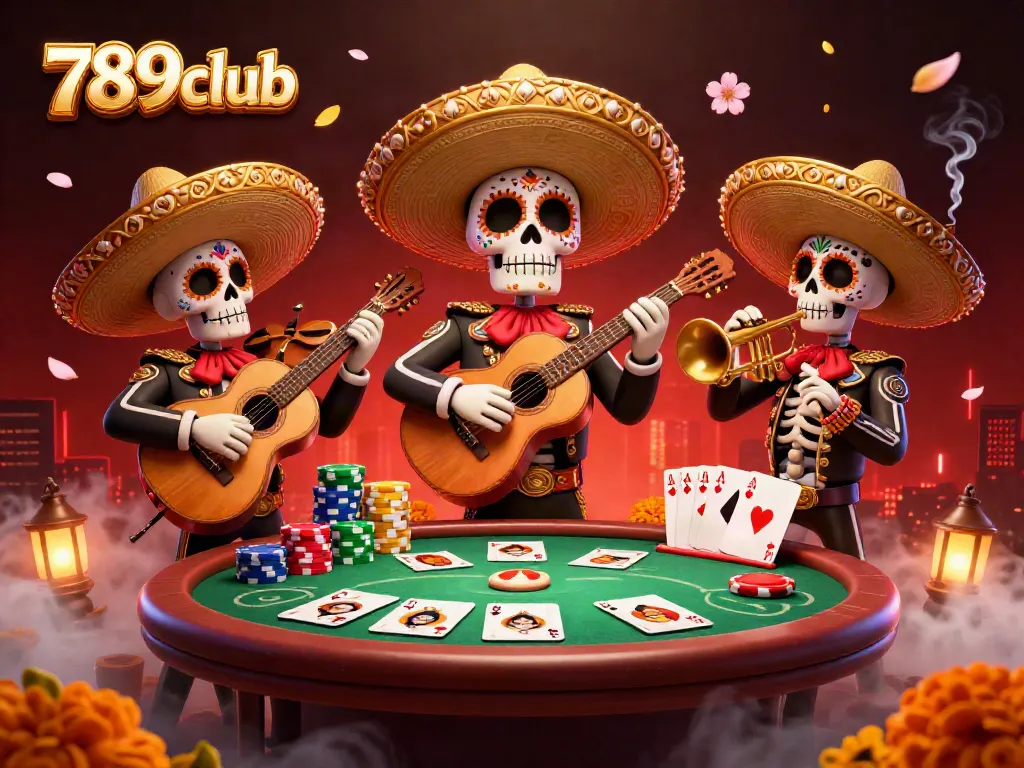 Experience the vibrant 789club gaming world with colorful mariachi skeletons and dynamic casino elements.