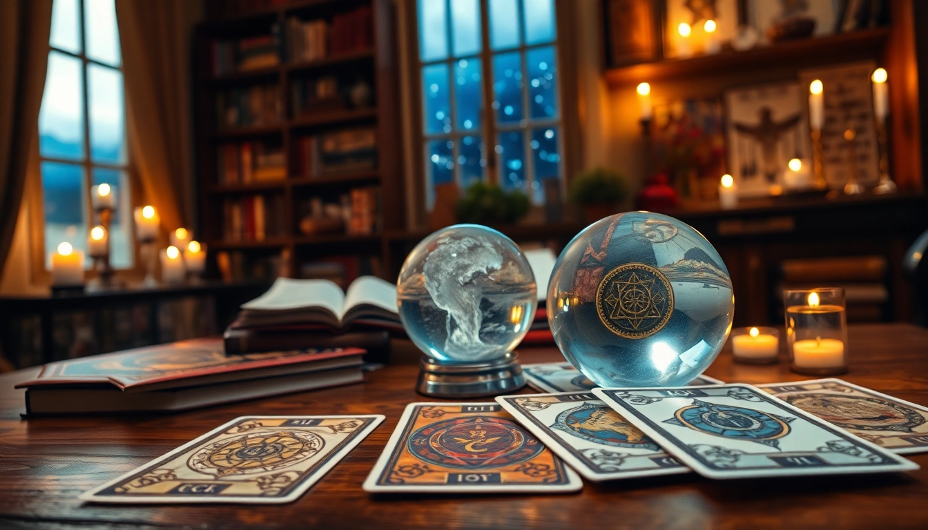 Entdecken Sie die tarotkarten bedeutung in einem mystischen Lese Setup mit Kerzen und Kristallkugel.