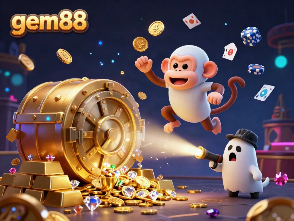 Experience the thrill of gem88 in a haunted casino scene with a poltergeist monkey and ghost-hunter puppy.