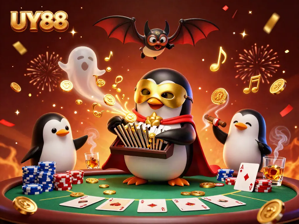 Experience the excitement of UY88 with a vibrant 3D casino illustration featuring animated characters and dynamic game elements.