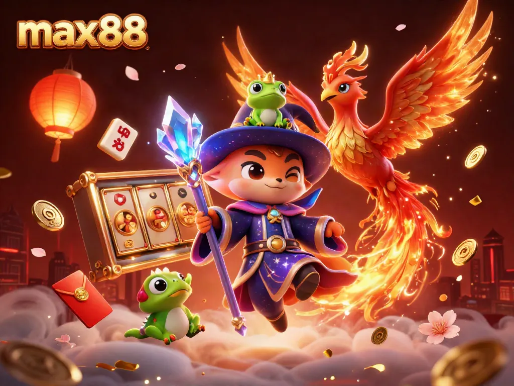 Experience the magic of max88 with a vibrant 3D illustration showcasing a wizard fox, phoenix, and themed casino elements.