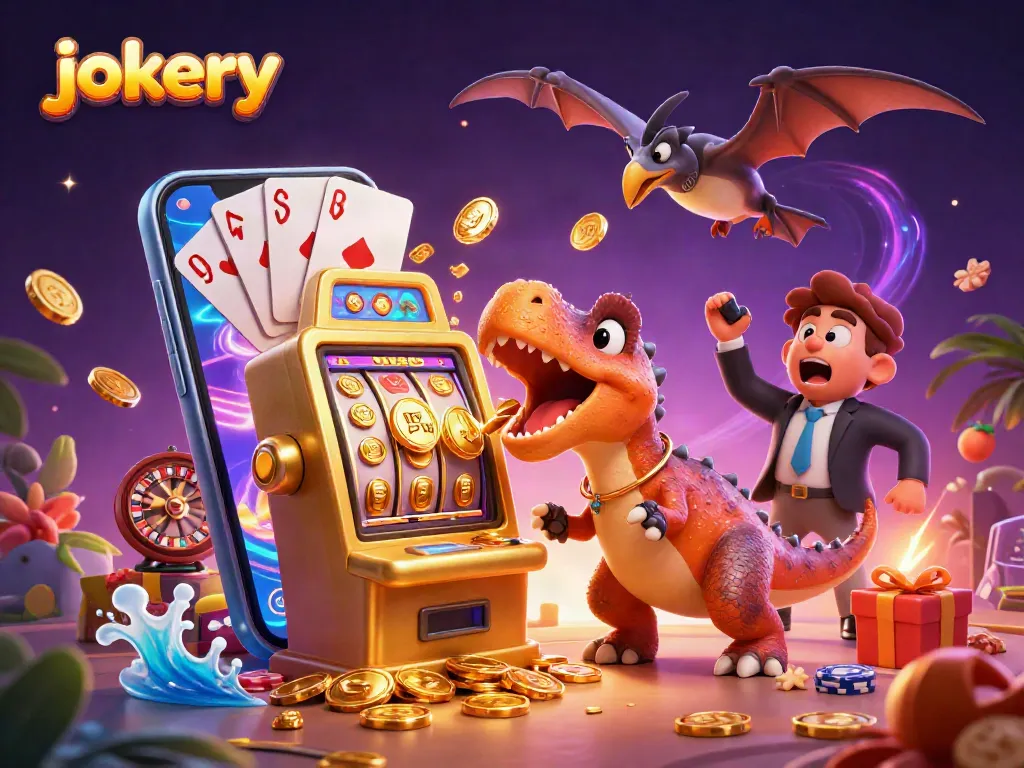 Experience the thrill of jokery as a dinosaur wins jackpot coins from a golden slot machine in a vibrant casino!