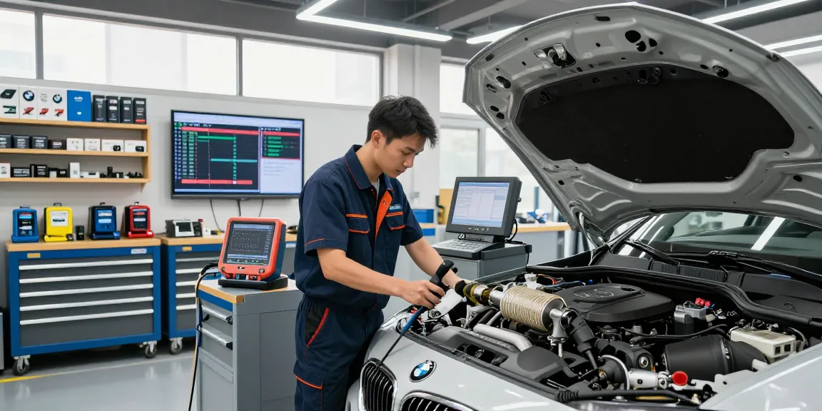 BMW Werkstatt mit Technikern, die Fahrzeuge warten und professionellen Automobilreparaturservice zeigen.