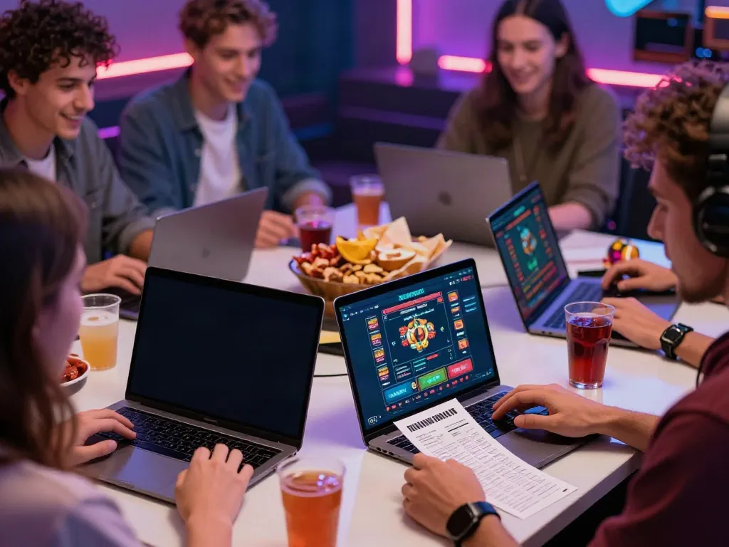 Excited friends enjoying Alternatif Bola88 in a modern gaming setup with snacks and drinks.