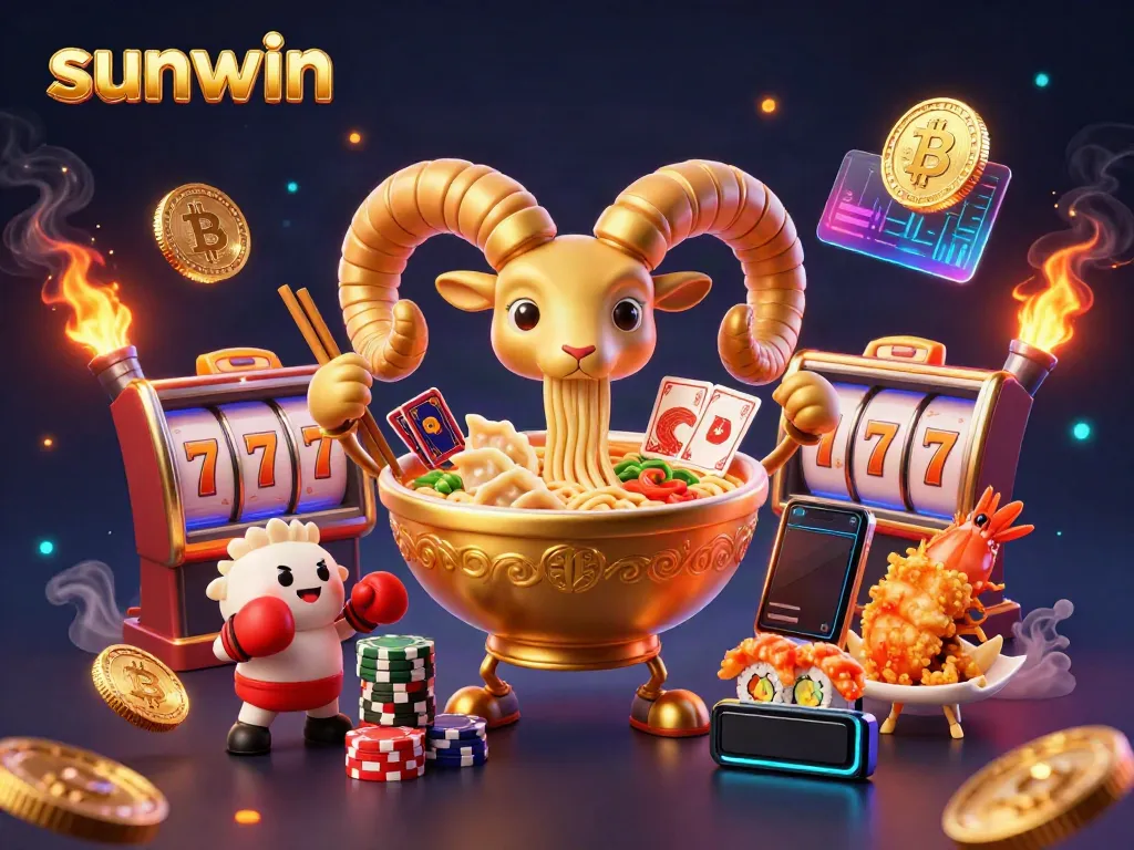 Experience sunwin's thrilling slot reels in a vibrant 3D casino scene filled with animated characters and rich details.