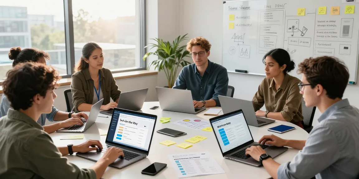 Build internal tools with AI in a collaborative workspace, a team engaged in innovative software development.