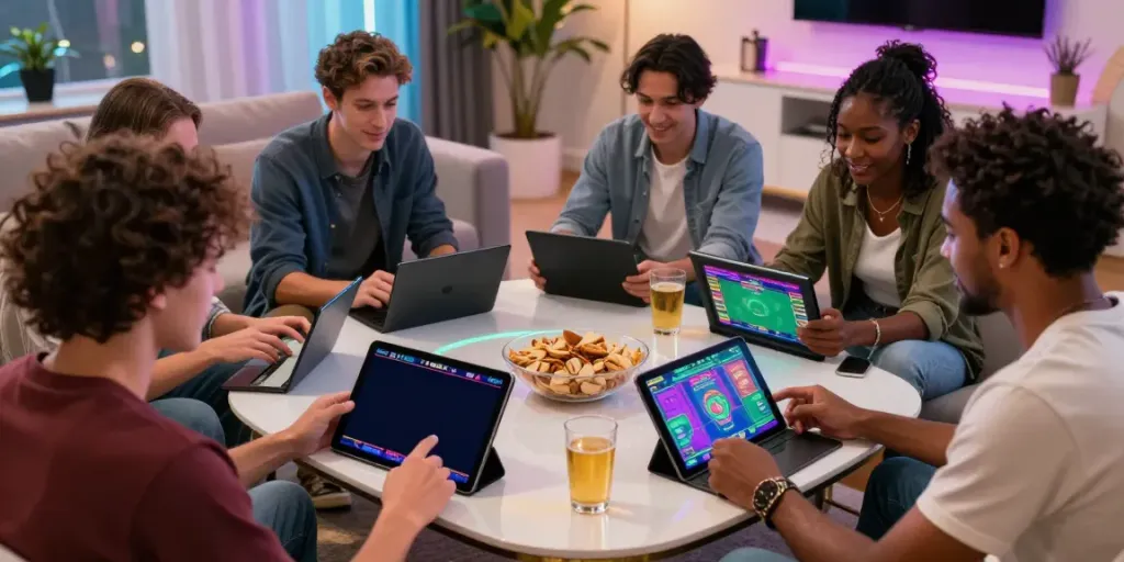 Friends enjoying online betting on fc88 while socializing in a lively living room setting.