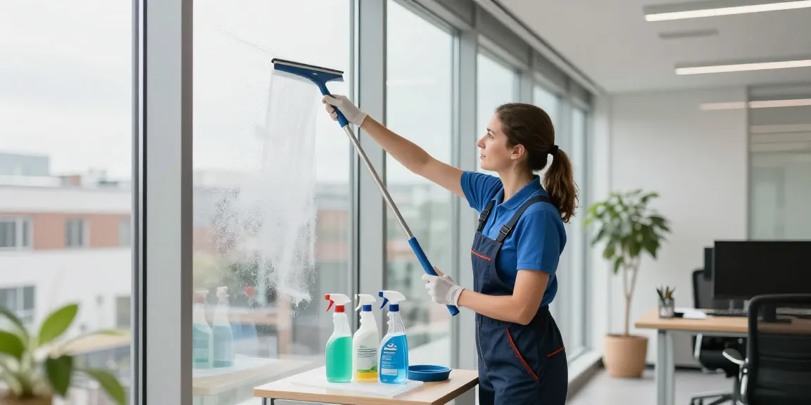 Professionelle Fensterreinigung in einem Büro, die die Qualität der Gebäudereinigung Solothurn hervorhebt.