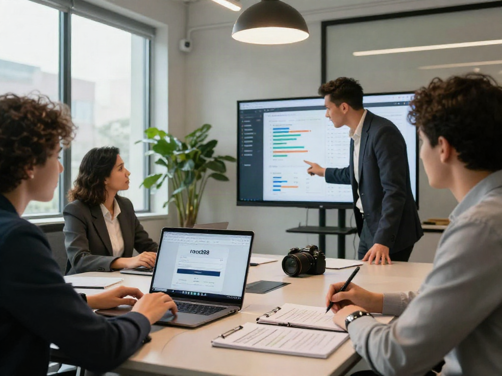 Collaborative meeting discussing strategies for rokok88 login in a modern office