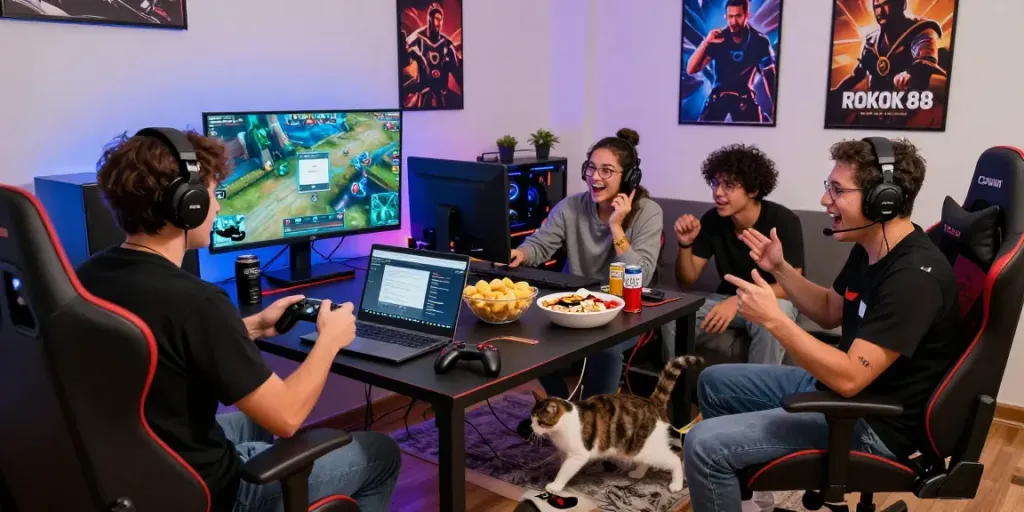 Friends enjoying a gaming session and discussing rokok88 login strategies in a vibrant home setup.