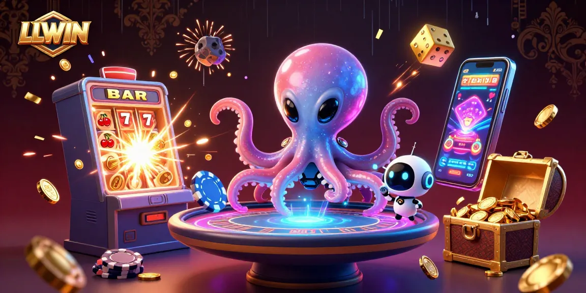 Experience thrilling gameplay with LLWIN's alien octopus dealer and jackpot bursts in a vibrant casino scene