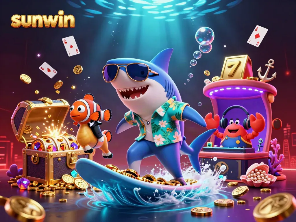 Experience the thrill of sunwin with a shark surfing on gold coins and vibrant slot game elements.
