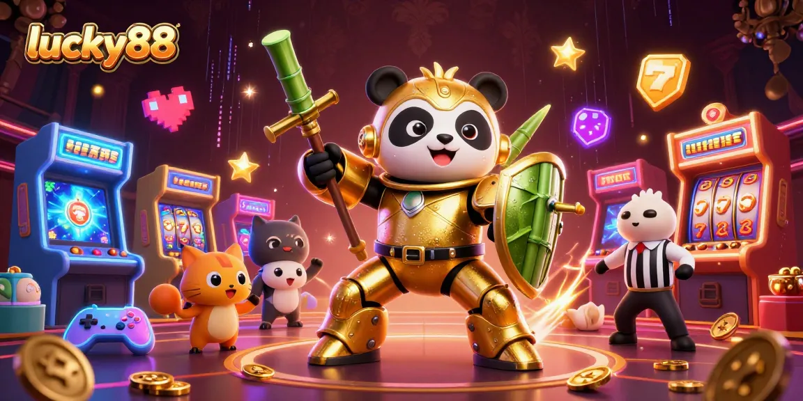 Engaging lucky88 casino scene featuring a mech-panda in a vibrant game arena full of fun elements.