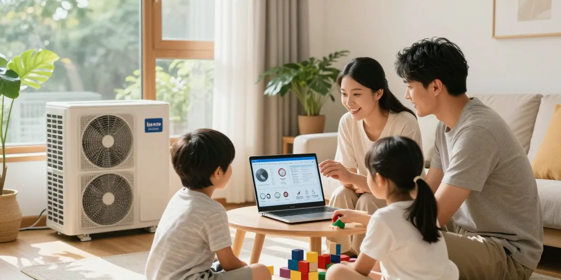 wärmepumpe kaufen options being explored by a family at home with a laptop and children playing