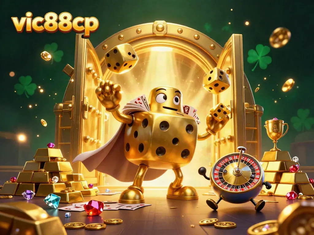 Experience thrilling gameplay with vic88cp's golden dice golem and riches in this vibrant 3D casino scene.