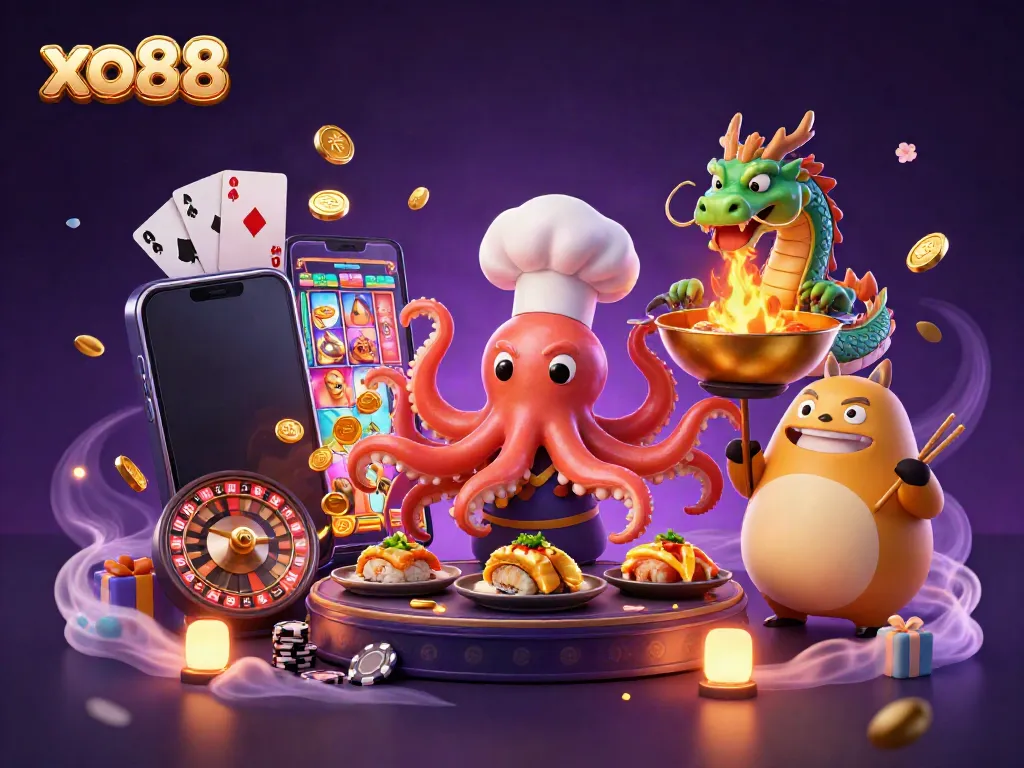 Experience thrilling gaming adventures with xo88's vibrant casino illustration featuring engaging characters and dynamic game elements.