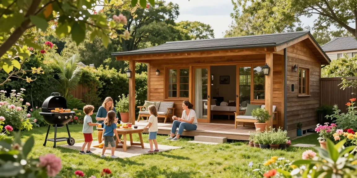 Gartenhäuser: Stilvolles Gartenhaus in blühender Umgebung mit Familie, ideal für entspannte Nachmittage.