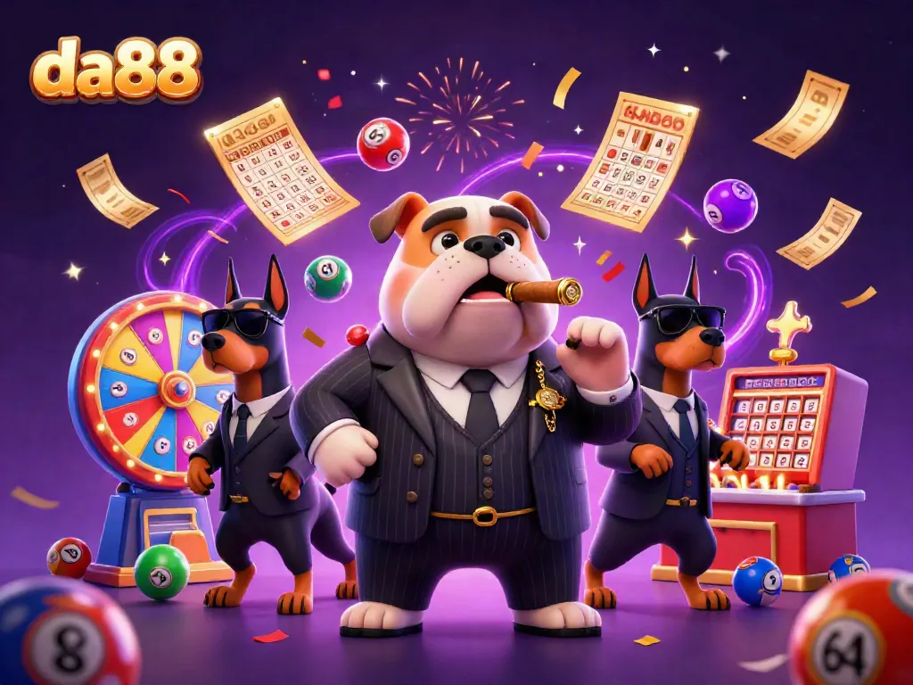 Experience thrilling action at da88 with an illustration of a bulldog mafia boss and Doberman bodyguards amidst dynamic casino elements.