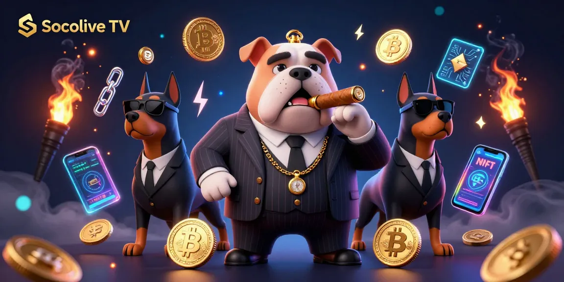 Socolive TV celebrates live sports betting with a dynamic illustration of a bulldog mafia boss and Doberman bodyguards