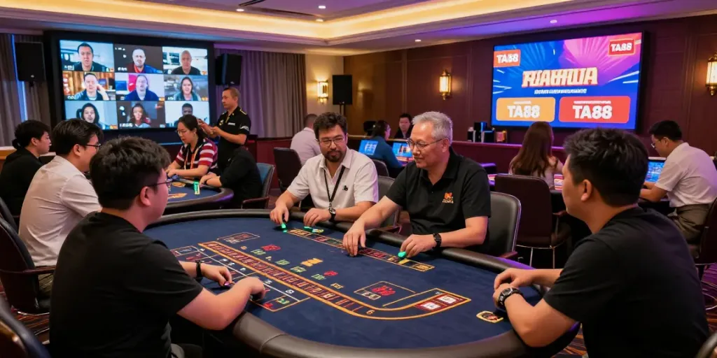 Exciting live casino gaming scene at https://ta88.network/ with players and vibrant decor.