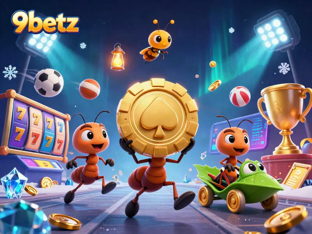 Ants from 9betz carry a golden poker chip in a lively casino heist scene.
