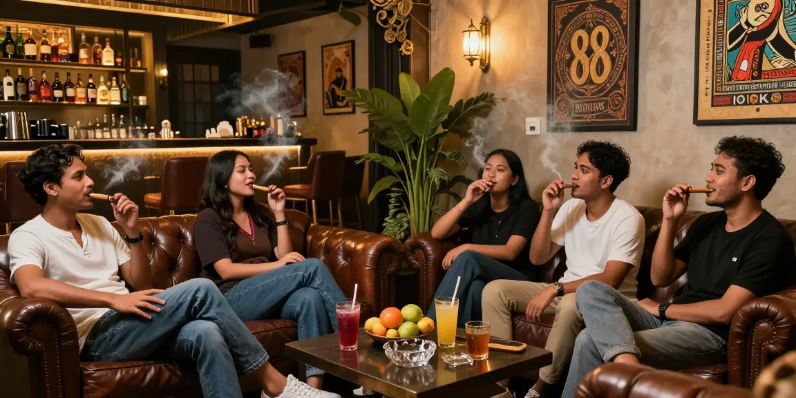 Group enjoying rokok 88 in a luxurious smoking lounge atmosphere.