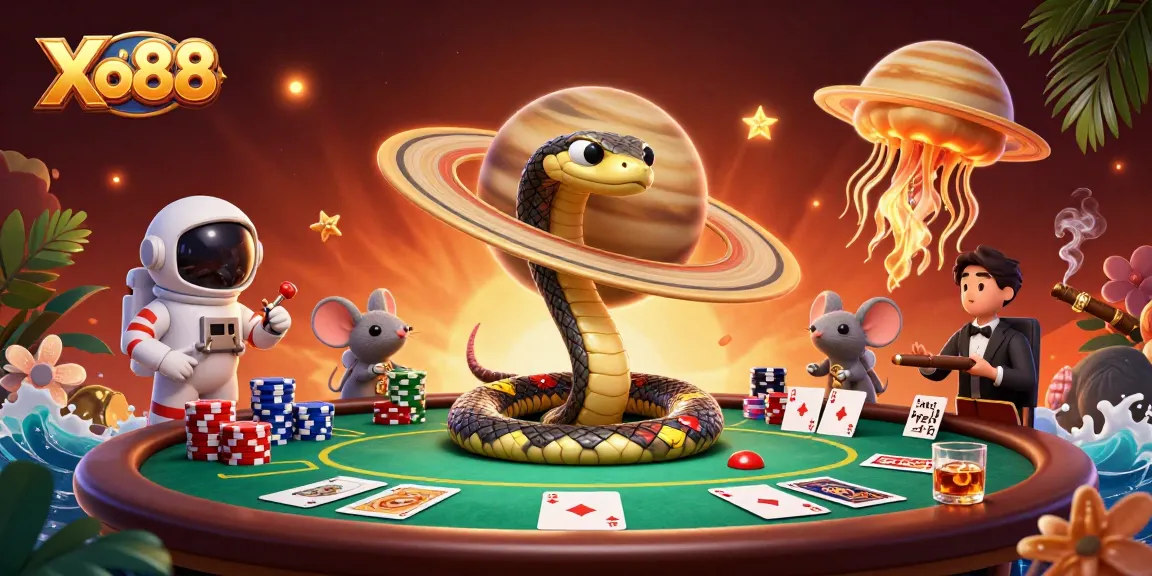 Xo88 showcases a cosmic-themed casino scene with vibrant characters and dynamic gaming elements.