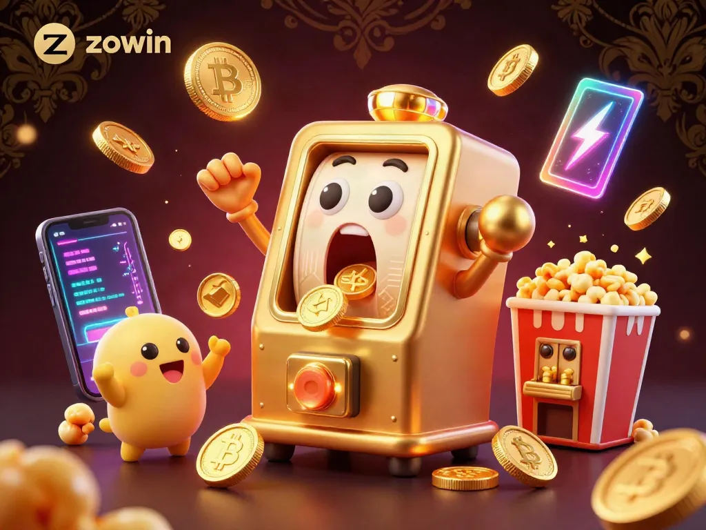 Experience the excitement of zowin with a lively 3D illustration showcasing a golden slot machine hitting a jackpot in a vibrant casino setup.