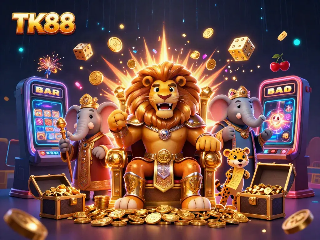Experience the thrill at TK88 with a captivating casino scene featuring a fierce lion king, wise elephant, and vibrant game elements.