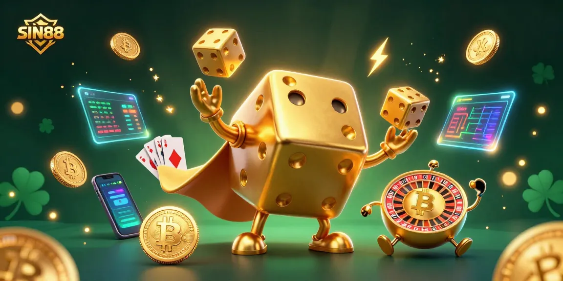 Engage with SIN88 through vibrant and dynamic casino-themed 3D illustration featuring energetic characters and elements.