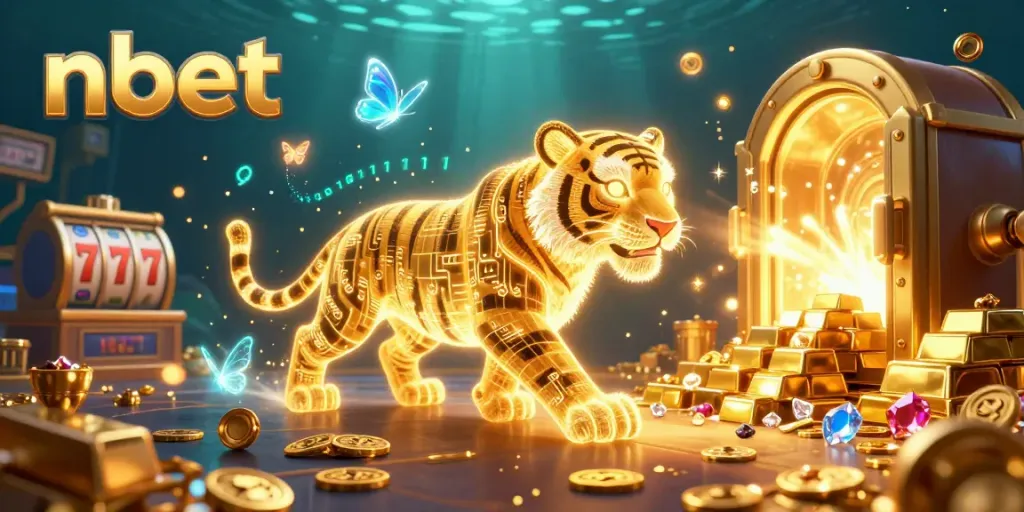 Experience nbet's vibrant casino world with a neon tiger surrounded by gems and jackpot symbols.