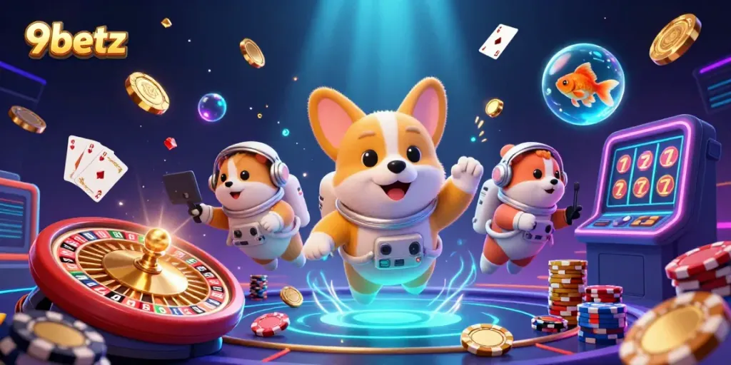Experience thrilling gameplay at 9betz with a dynamic casino scene featuring an astronaut corgi and mission-control hamster.