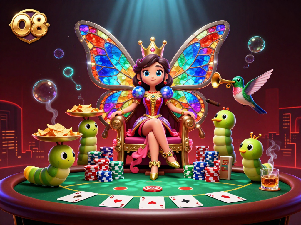 O8 invites players to master poker with an enchanting butterfly queen in a vibrant casino scene.