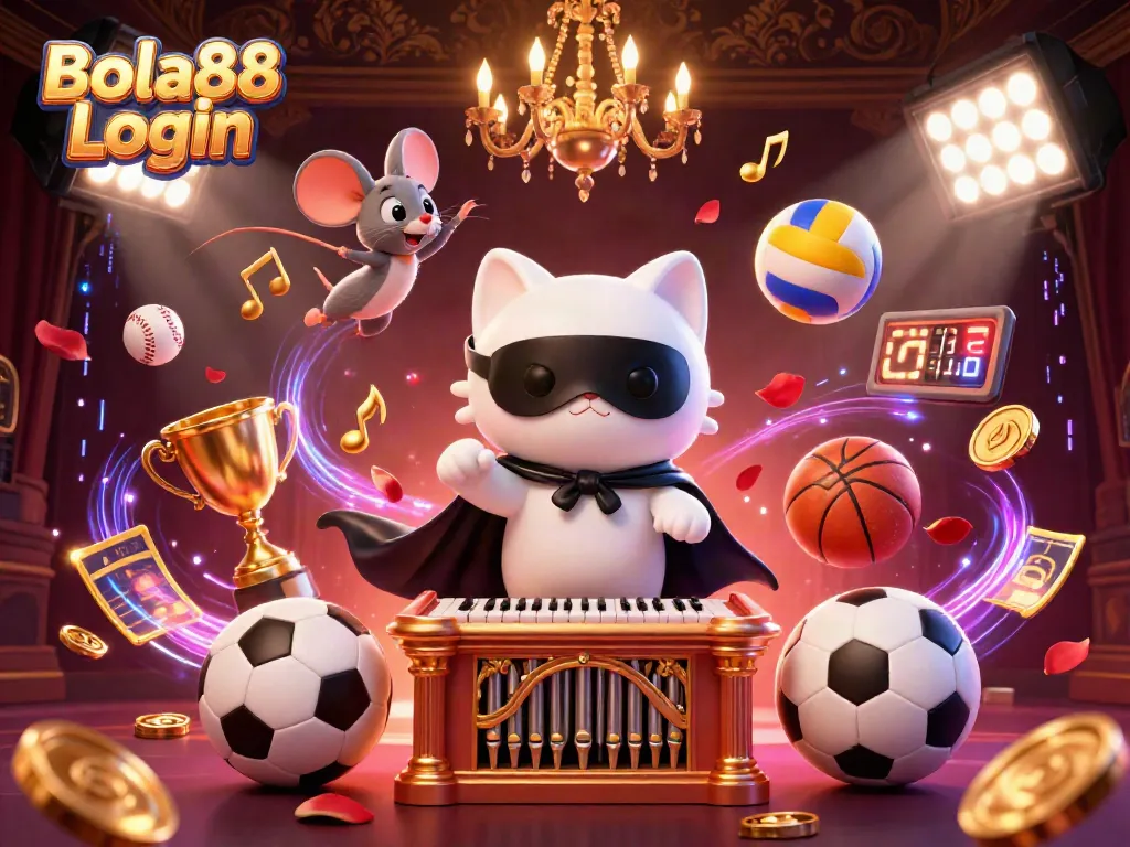 Bola88 Login illustration featuring a phantom cat, mouse acrobat, and dynamic sports elements in a vibrant casino environment.