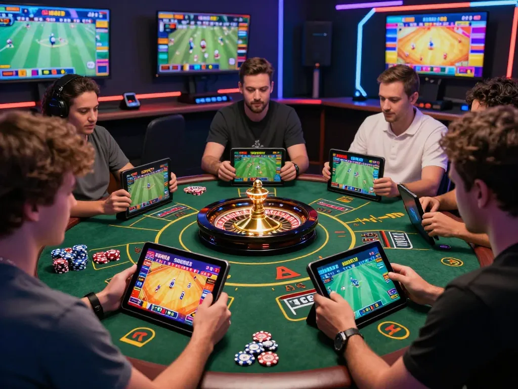 SBOBET88 users actively participating in online betting, enjoying vibrant gaming atmosphere with mobile devices and casino props.