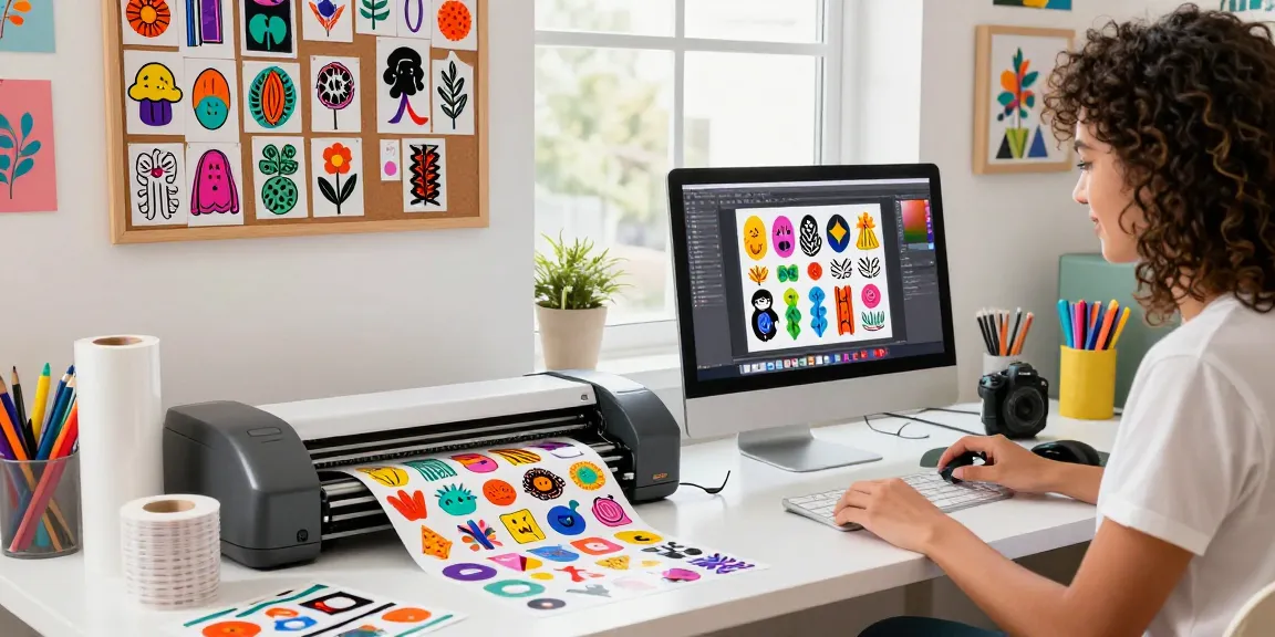 Custom stickers displayed at a creative workspace with vibrant designs and printing equipment.