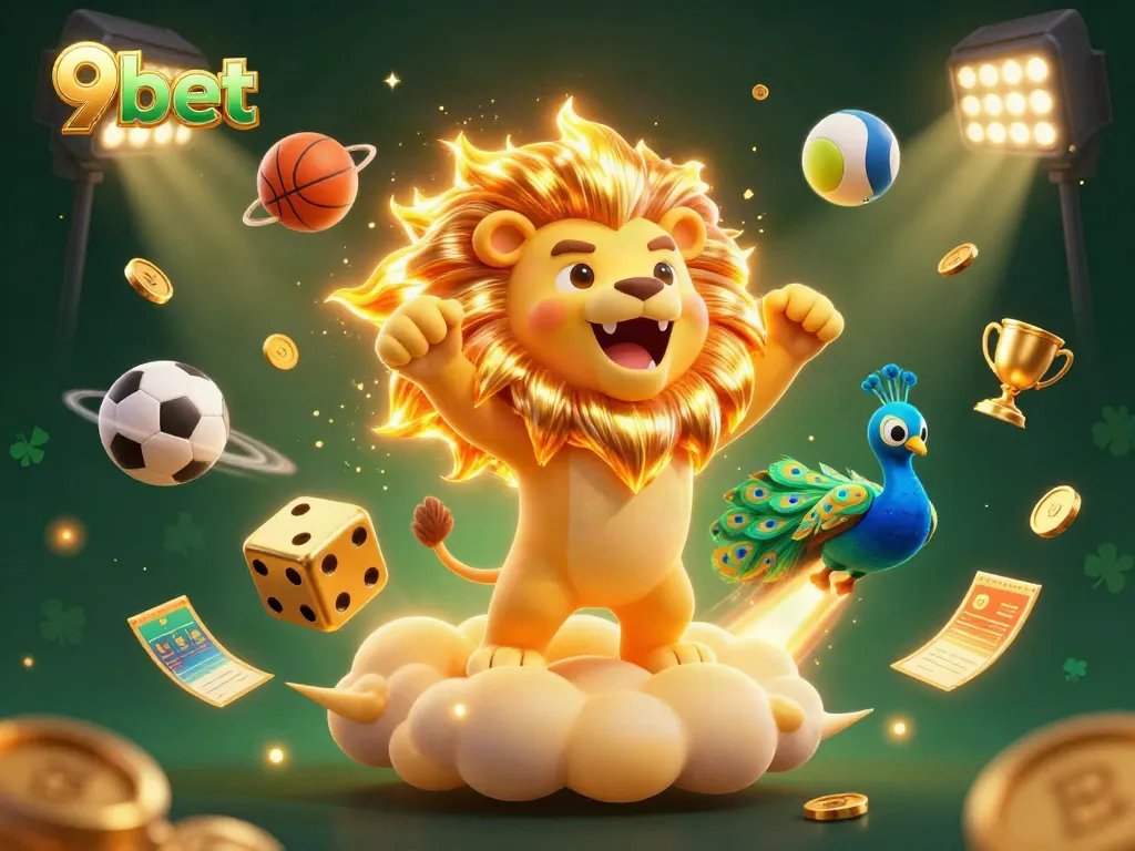 Experience thrilling action with 9bet in this vibrant 3D scene of a victorious lion and dynamic gambling elements.