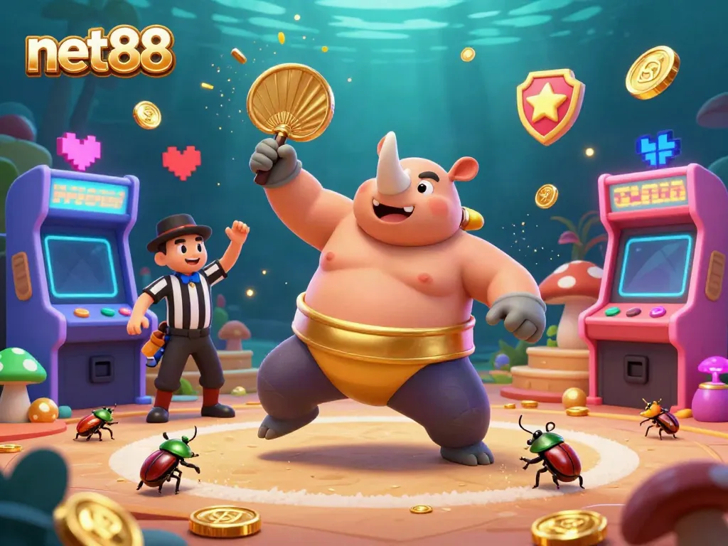 Witness the net88 themed dynamic casino scene with a beetle champion and glowing arcade elements.
