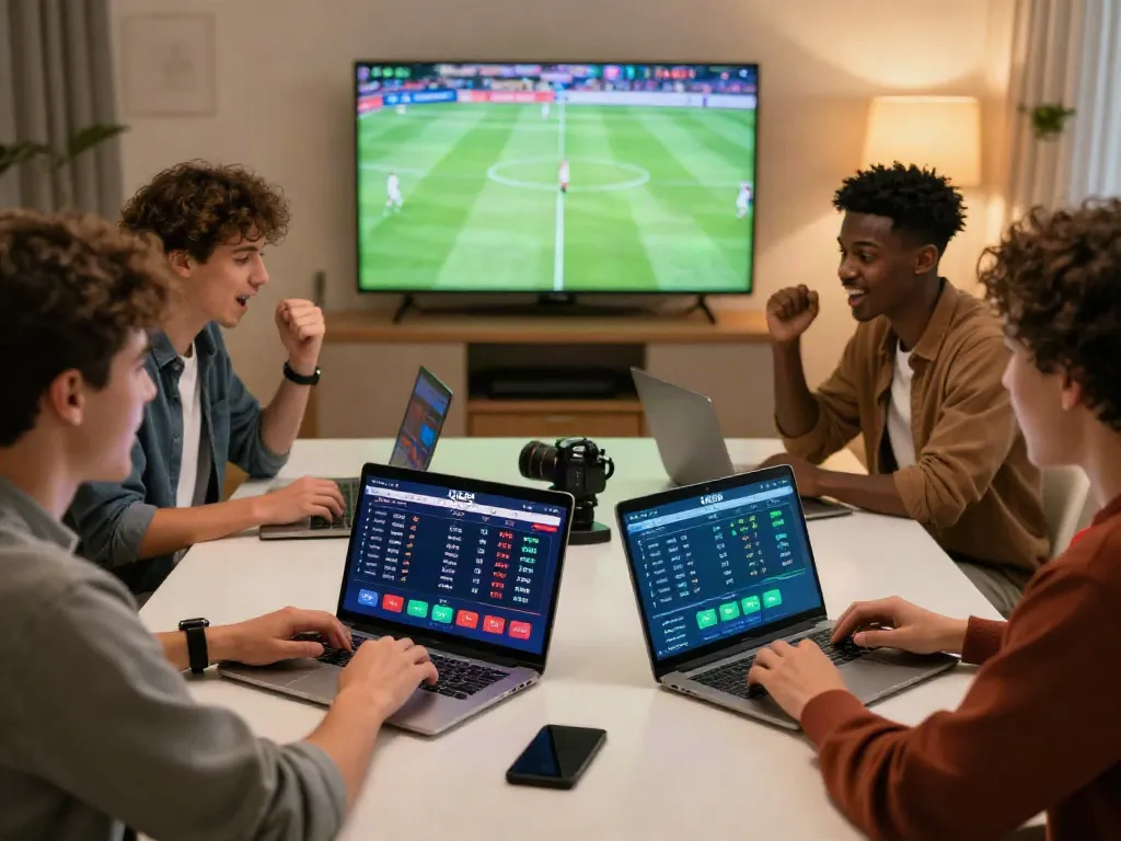 Engaged friends enjoying live betting on UK88, showcasing excitement in a cozy room.