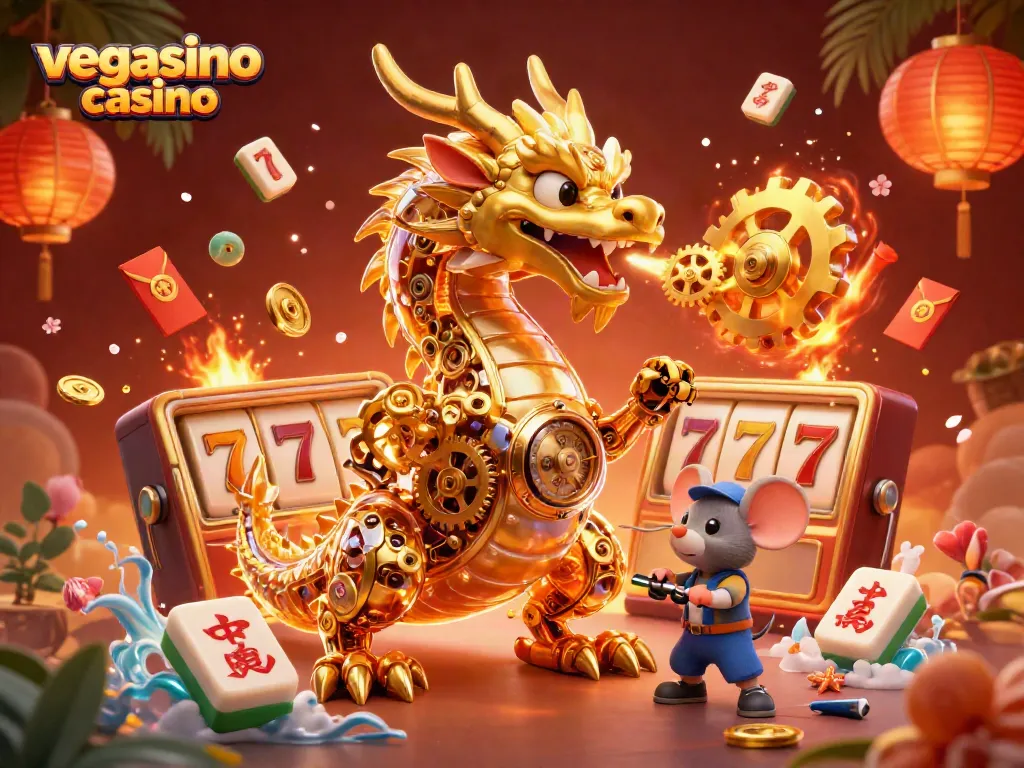 Experience thrilling wins at vegasino casino with a dynamic 3D dragon breathing golden gears amidst casino elements.