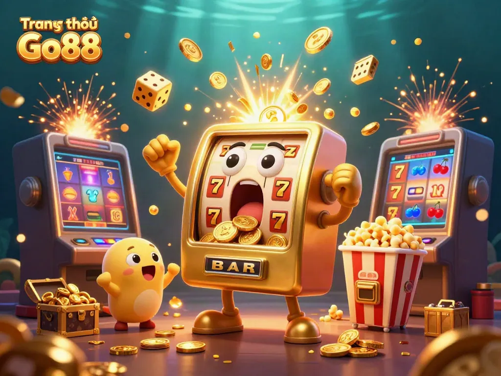 Experience the excitement of Trang chủ Go88 with a golden slot machine celebrating a jackpot amidst vibrant casino elements.