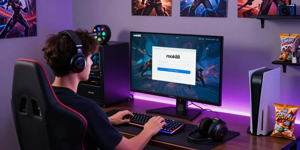 Engaging rokok88 login session on a gaming monitor with colorful setup