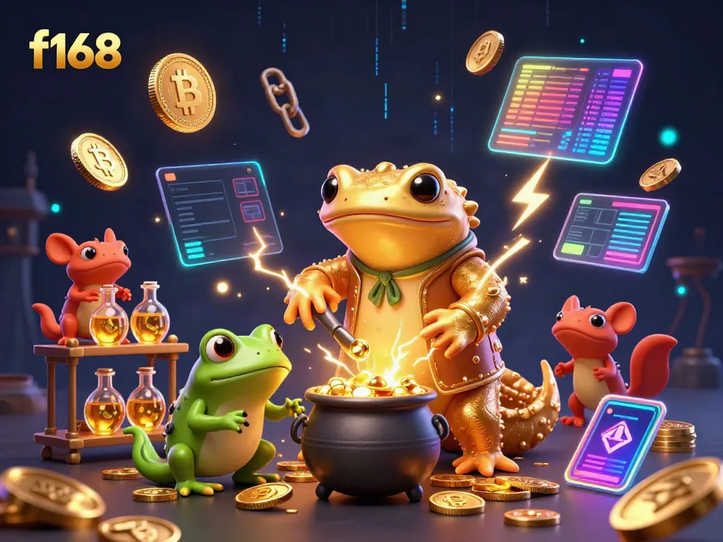 Experience the exciting world of f168 with a vibrant illustration of an alchemist transforming metals into gold, surrounded by crypto elements.