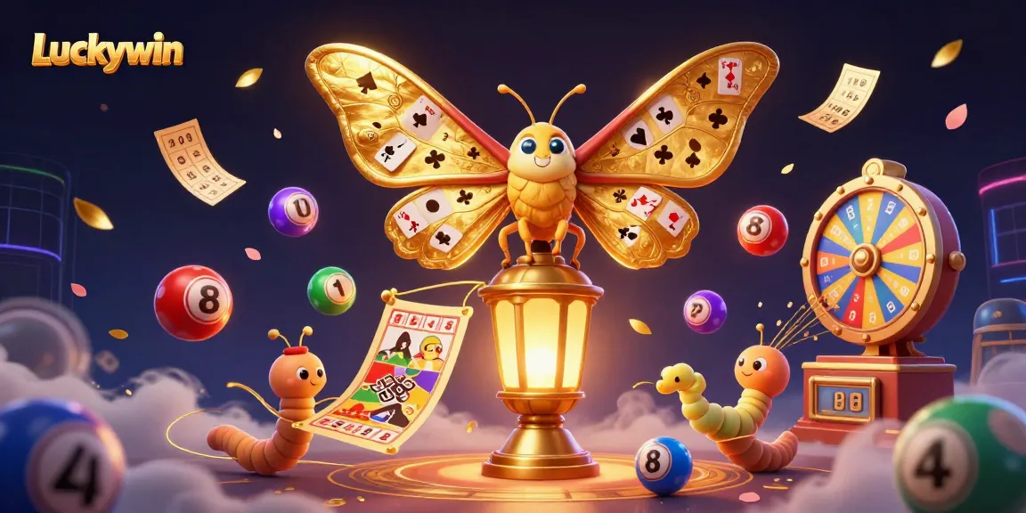 Luckywin showcases winning traditions with a vibrant 3D casino illustration filled with lottery elements.