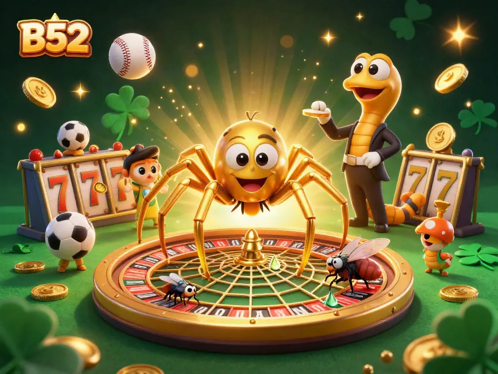 Win big with B52 in an energetic casino scene featuring games and golden web elements.