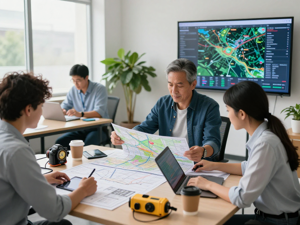 Collaboration in a professional survey office environment with engineers analyzing data for Vermessungsbüros und ÖbVI.