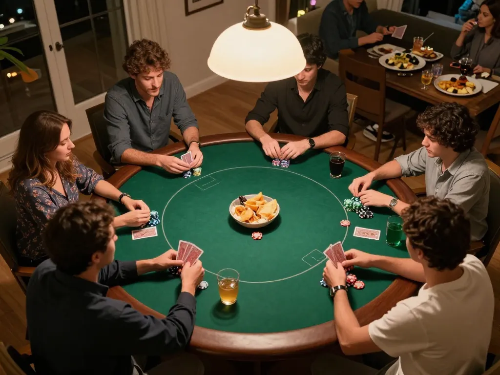 Players engaging at a home poker night, showcasing the excitement of tr88 card games with chips and drinks.
