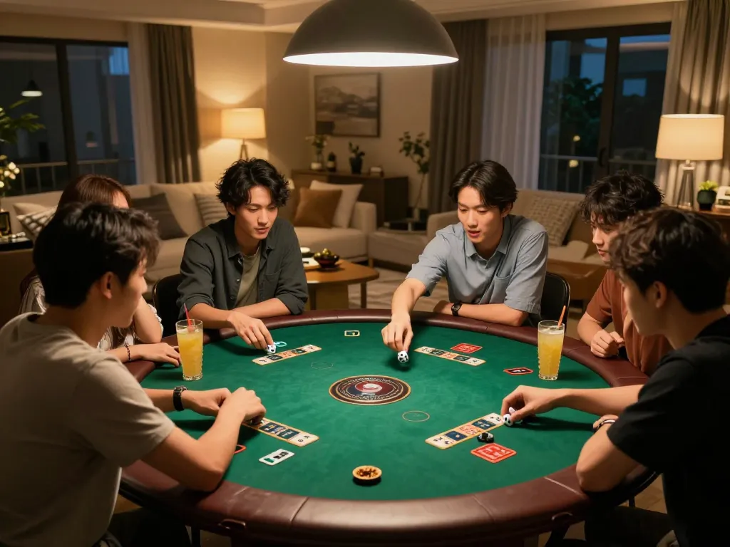 Players engaging in an exciting game of tai xiu at a home gathering, creating a warm and vibrant atmosphere.