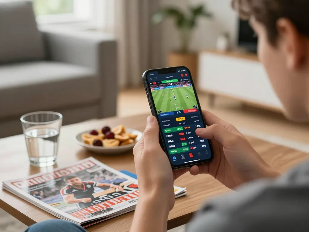 Smoothly navigating sports betting odds with soi keo nha cai app on smartphone in a modern home.