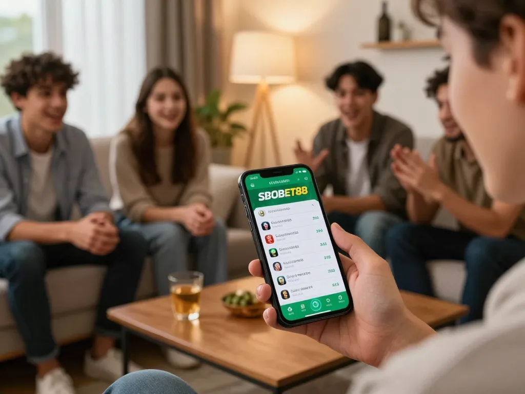Aplikasi SBOBET88 ditampilkan untuk taruhan online sementara teman-teman mendiskusikan strategi dalam suasana rumah yang nyaman.